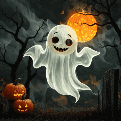 A friendly ghost floating past a glowing moon